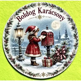   Nyomtatott kopogtató közép Piros ruhás kislány  ,Boldog karácsony  felirattal	1db	15cm vastagság 2,5mm	