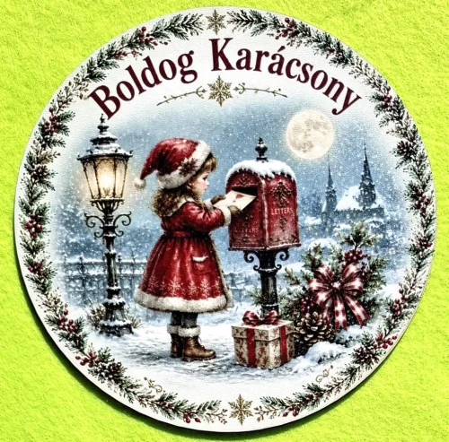 Nyomtatott kopogtató közép Piros ruhás kislány  ,Boldog karácsony  felirattal	1db	15cm vastagság 2,5mm	