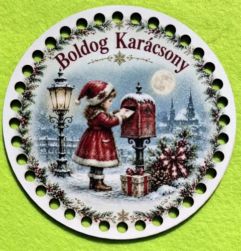 15cm Horgolható  ,Fa alapú HDF(nem tömörfa)   7 mm lyukkal Piros ruhás kislány Boldog karácsony felirattal 	1db	15cm vastagság 2,5mm	