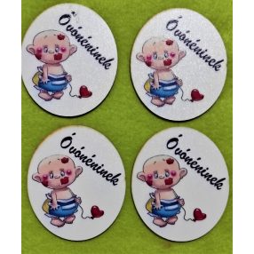   6,5x7,5 cm ovális  Nyomtatott fa Kis baba szível madzago Óvónéninek  felirattal 	4db/csomag	