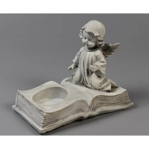 Angyal könyvön álló mécsestartóval antik fehér