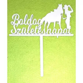   Fehér színű ,fa  alapú HDF(nem tömörfa)  Lovas lány  beszúrós dísz Boldog születésnapot felirattal 	1db	15x17cm  