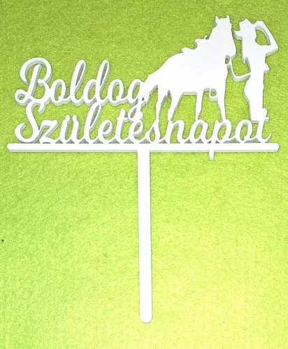 Fehér színű ,fa  alapú HDF(nem tömörfa)  Lovas lány  beszúrós dísz Boldog születésnapot felirattal 	1db	15x17cm  