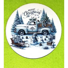   11,8 cm Nyomtatott fa Kopogtató közép   Havas háttérrel nyuszi fekszik  az autón    Merry Christmas  felirattal 	1db	