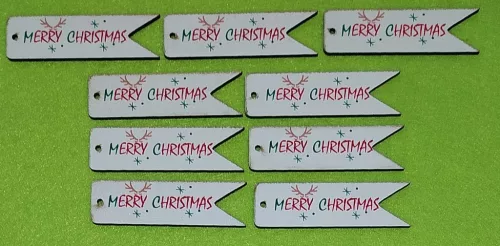 Nyomtatott  fa Kísérő táblácska  Merry Christmas felirattal	9db/csomag	7x2cm vastagság 3mm	