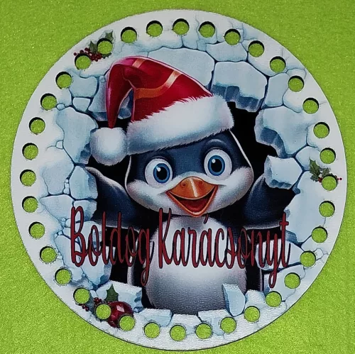 15 cm Horgolható nyomtatott  fa  Kopogtató közép   7mm lyukkal Pingvin  Boldog Karácsonyt felirattal	1db	 vastagság 2,5mm	