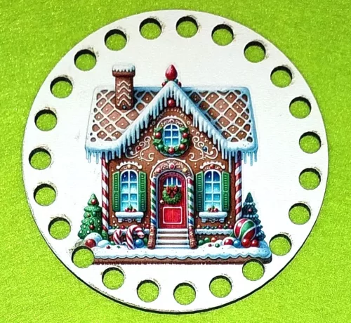 10cm kör Horgolható nyomtatott fa alap   Mézeskalács   házikó 7mm lyukkal 	1db	10cm vastagság 2,5mm	