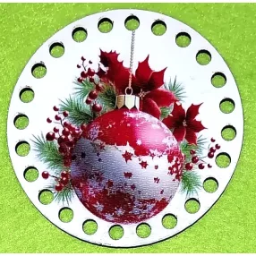   8cm kör Horgolható nyomtatott fa alap   Piros karácsonyfa gömbbel     5mm lyukkal 	1db	8cm vastagság 2,5mm	