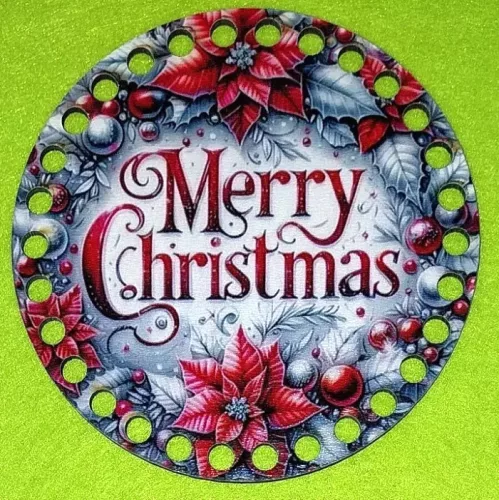 12cm kör Horgolható nyomtatott fa  alap  Piros mikulásvirágos Merry Christmas felirattal  7mm lyukkal 	1db	12 cm vastagság 2,5mm	