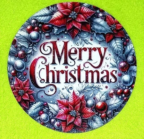 11,8 cm Nyomtatott ,fa alapú HDF(nem tömörfa)     kopogtató közép  Piros mikulásvirágos Merry Christmas felirattal    vastagság 2,5mm	