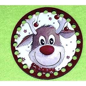   8cm kör Horgolható nyomtatott fa alap   Rudolf piros kerettel 5mm lyukkal 	1db	8cm vastagság 2,5mm	