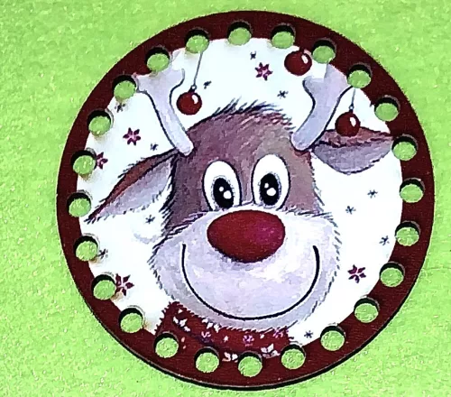 8cm kör Horgolható nyomtatott fa alap   Rudolf piros kerettel 5mm lyukkal 	1db	8cm vastagság 2,5mm	