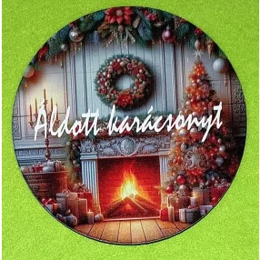   Nyomtatott fa kopogtató közép   Kandalós Áldott karácsonyt felirattal   	1db	11,8cm vastagság 3mm	