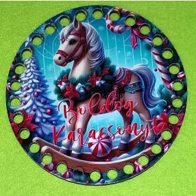   12cm kör Horgolható nyomtatott fa alap Hintaló Boldog karácsonyt  felirattal . 7mm lyukkal 	1db	12 cm vastagság 2,5mm	