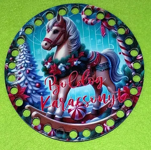 12cm kör Horgolható nyomtatott fa alap Hintaló Boldog karácsonyt  felirattal . 7mm lyukkal 	1db	12 cm vastagság 2,5mm	