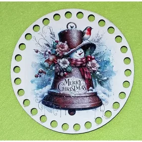   12cm kör Horgolható nyomtatott fa alap   7mm lyukkal   Harang hóemberrel Merry christmas felirattal 	1db	12cm vastagság 2,5mm	