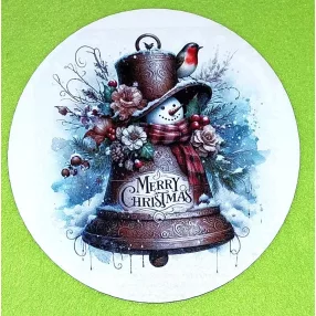   Nyomtatott fa kopogtató közép     Harang hóemberrel Merry christmas felirattal 	1db	14,8cm vastagság 3mm	