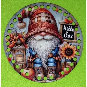   15 cm Horgolható nyomtatott fa Kopogtató közép    7mm lyukkal  Üllő manó napraforgókkal  Hello Ősz felirattal 	1db	 vastagság 2,5mm	