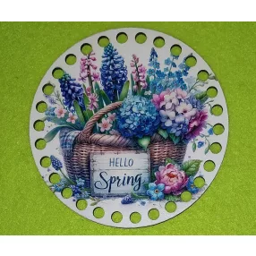   12 cm Horgolható nyomtatott fa alap Jácint kosár Hello sprig felirattal 7mm lyukkal 	1db	12cm cm vastagság 2,5mm	