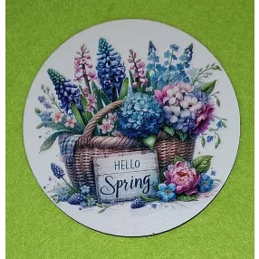   Nyomtatott fa kopogtató közép    Jácint kosár Hello sprig felirattal	1db	11,8cm vastagság 3mm	