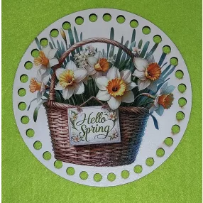    15 cm Horgolható nyomtatott fa alap Nárcisz kosár Hello sprig felirattal 7mm lyukkal 	1db	 vastagság 2,5mm	
