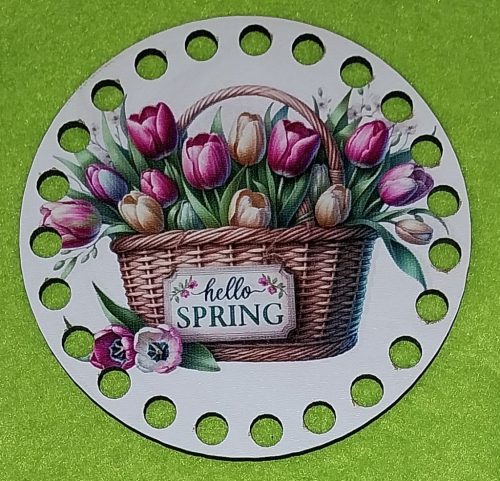  10cm kör Horgolható nyomtatott fa alap Tulipános  kosár Hello sprig felirattal 7mm lyukkal 	1db	10cm cm vastagság 3mm	