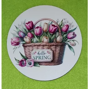   Nyomtatott fa kopogtató közép    tulipános kosár Hello sprig felirattal	1db	11,8cm vastagság 3mm	