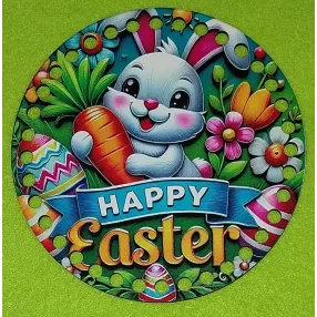   15cm kör Horgolható nyomtatott fa alap  Fehér nyuszi virágok között répával a kézben Happy Easter   felirattal  7mm lyukkal 	1db	15cm cm vastagság 2,5mm	