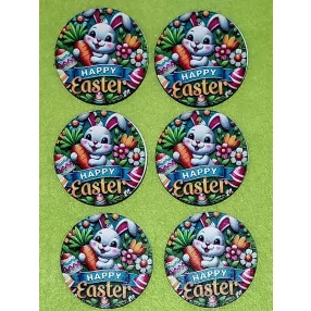   Nyomtatott fa kicsi  Fehér nyuszi virágok között répával a kézben Happy Easter   felirattal 	1db	5cm vastagság 3mm	