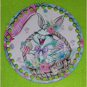   15cm kör Horgolható nyomtatott fa alap  nyuszi kosárban  Happy easter felirattal   7mm lyukkal 	1db	15cm cm vastagság 2,5mm	