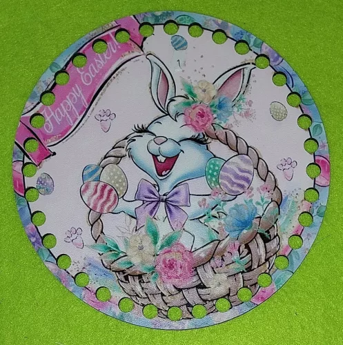 15cm kör Horgolható nyomtatott fa alap  nyuszi kosárban  Happy easter felirattal   7mm lyukkal 	1db	15cm cm vastagság 2,5mm	