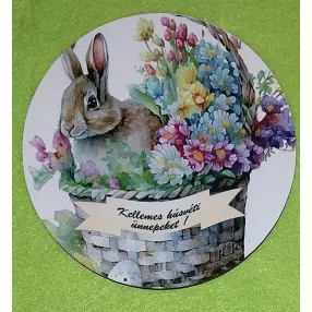   11,8cm Nyomtatott Fa Kerek kopogtató Nyuszi kosárban Kellemes húsvéti ünnepeket  felirattal	1db/csomag	11,8cm vastagság 3mm	