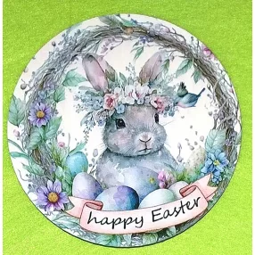   11,8cm Nyomtatott Fa Kerek kopogtató Nyuszi tojásokkal Happy easter  felirattal	1db/csomag	11,8cm vastagság 3mm	