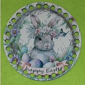   12cm Horgolható nyomtatott fa alap 7mm lyukkal Nyuszi tojásokkal Happy easter  felirattal	1db/csomag	12cm vastagság 2,5mm	