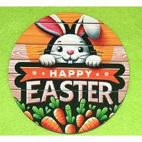   11,8cm Nyomtatott Fa Kerek kopogtató Deszkás hátteres Happy easter felirattal     	1db/csomag	11,8cm vastagság 3mm	