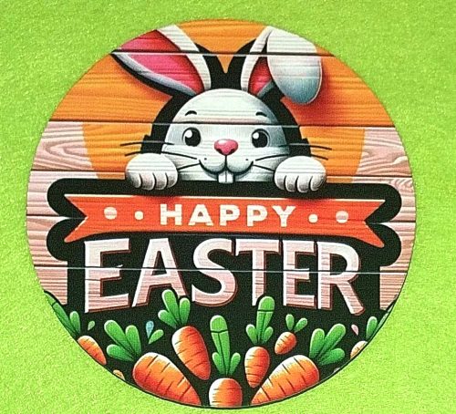 11,8cm Nyomtatott Fa Kerek kopogtató Deszkás hátteres Happy easter felirattal     	1db/csomag	11,8cm vastagság 3mm	