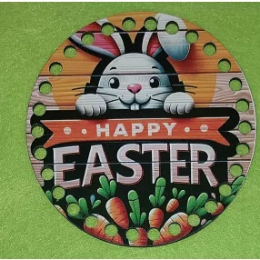   12cm Horgolható nyomtatott fa alap 7mm lyukkal  Deszkás hátteres Happy easter felirattal     	1db/csomag	12cm vastagság 2,5mm	