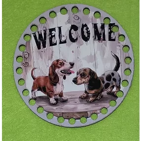   12cm Horgolható nyomtatott fa alap   7mm  lyukkal Tacsis  Welcom e felirattal 	1db/csomag	12cm vastagság 2,5mm	