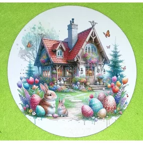   15cm Nyomtatott Fa Kerek kopogtató Barna házikó a háttérben nyuszik és tojás elöl 	1db/csomag	15cm vastagság 3mm	