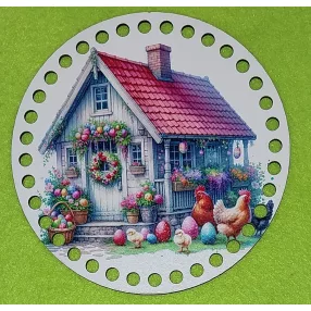   15cm Horgolható nyomtatott fa alap 7mm lyukkal  Fehér házikó kis csibékkel 	1db/csomag	15cm vastagság 2,5mm	