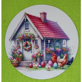   15cm Nyomtatott Fa Kerek kopogtató Fehér házikó kis csibékkel 	1db/csomag	15cm vastagság 3mm	