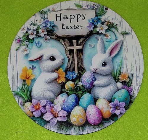 	15cm Nyomtatott Fa Kerek kopogtató Fehér nyuszi pár  Happy easter felirattal	1db/csomag	15cm vastagság 3mm	