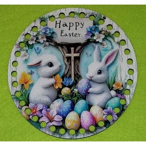  15cm Horgolható nyomtatott fa alap 7mm lyukkal  Fehér nyuszi pár  Happy easter felirattal	1db/csomag	15cm vastagság 2,5mm	