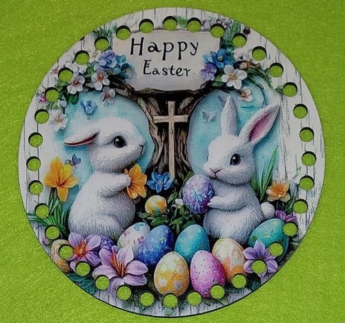 15cm Horgolható nyomtatott fa alap   Fehér nyuszi pár  Happy easter felirattal	1db/csomag	15cm vastagság 3mm	