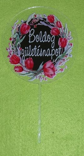 Plexi tortadísz fekete piros tulipános  háttérrel    Boldog születésnapot  felirattal	1db/csomag	10x18cm vastagság 2mm	