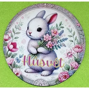   11,8cm Nyomtatott Fa Kerek kopogtató Fehér nyuszi virágcsokorral  Húsvét felirattal	1db/csomag	11,8cm vastagság 3mm	
