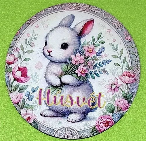 11,8cm Nyomtatott Fa Kerek kopogtató Fehér nyuszi virágcsokorral  Húsvét felirattal	1db/csomag	11,8cm vastagság 3mm	