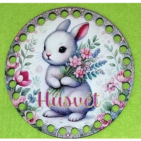   12cm Horgolható nyomtatott fa alap Fehér nyuszi virágcsokorral Húsvét  felirattal	7mm lyukkal  1db/csomag	12cm vastagság 3mm	