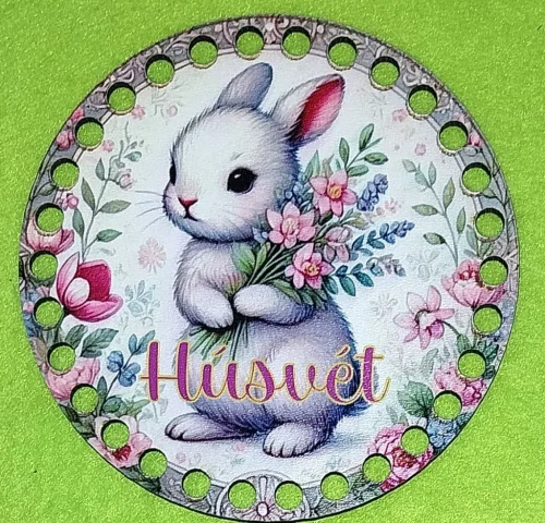 12cm Horgolható nyomtatott fa alap Fehér nyuszi virágcsokorral Húsvét  felirattal	7mm lyukkal  1db/csomag	12cm vastagság 3mm	