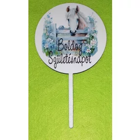   Fehér fa  tortadísz Fehér ló karámban   Boldog születésnapot  felirattal	1db/csomag	10x18cm vastagság 2,5mm	